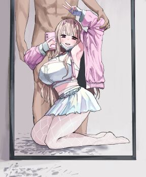 1boy 1girl absurdres armpits arms_up bare_shoulders blonde_hair blush breasts brown_hair cellphone chest_harness cleavage cleavage_cutout clothed_after_sex clothing_cutout collar exhausted fingerless_gloves fishnet_pantyhose fishnets full-length_mirror gloves goddess_of_victory:_nikke grabbing_another&#039;s_arm half-closed_eyes harness heart_pendant highres holding holding_phone holographic_clothing horns hugging_another&#039;s_leg implied_after_sex iridescent jacket kneeling large_breasts long_hair mask mask_pull midriff miniskirt mirror mirror_selfie mole mole_under_eye mouth_mask muscular muscular_male nude open_mouth pantyhose phone pink_eyes pink_horns pink_jacket pussy_juice pussy_juice_trail red_eyes reflection reflection_focus selfie shiny_skirt skirt smartphone smile thighs v viper_(nikke) white_gloves white_mask white_nails white_pantyhose white_skirt yakedo_ni_chuui