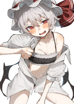 1girl absurdres bat_wings black_bra black_panties blush bra breasts collarbone commentary_request embarrassed fang frilled_bra frills hair_between_eyes hat highres midriff mob_cap navel open_clothes open_shirt panties parted_lips potato_(comicomi0211) red_eyes remilia_scarlet shirt short_hair single_off_shoulder small_breasts smile solo sweat sweatdrop thighs touhou underwear vampire white_background white_hair white_shirt wings