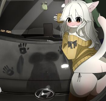 1girl animal_ears ass bikini black_bow blush body_fur bow bright_pupils brown_eyes brown_thighhighs butt_crack car cardigan cat_ears cat_girl cat_tail commentary dot_nose from_behind furry furry_female handprint highres hyundai long_hair looking_back lowleg lowleg_bikini mike_no_hito motor_vehicle nervous_smile original side-tie_bikini_bottom sleeves_past_wrists smile solo sweatdrop swimsuit symbol-only_commentary tail thighhighs white_fur white_hair white_pupils windshield