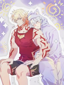 Rule 34 | 2boys, alternate costume, animal costume, animal ears, antenna hair, arm tattoo, black shorts, blonde hair, blue eyes, braid, creature, earrings, facial tattoo, fake animal ears, gold earrings, gradient hair, gym shorts, hashtag-only commentary, head on another's shoulder, highres, holding, holding creature, honkai: star rail, honkai (series), jewelry, leg tattoo, male focus, medium hair, multicolored hair, multiple boys, mydei (honkai: star rail), onesie, pajamas, parted bangs, phainon (honkai: star rail), purple pajamas, red hair, red tattoo, seutaleild51149, short hair, shorts, side braid, simple background, sleeping, sleeping on person, sleeping upright, tattoo, white background, white hair, yellow eyes