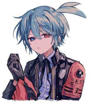 Rule 34 | 1boy, black gloves, black ribbon, blue eyes, blue hair, collared shirt, commentary request, double-parted bangs, gloves, griffon0416, hair between eyes, heterochromia, highres, long sleeves, looking at viewer, male focus, parted lips, puyopuyo, red eyes, ribbon, shirt, short hair, sidelocks, sig (puyopuyo), simple background, solo, upper body, white background, white shirt