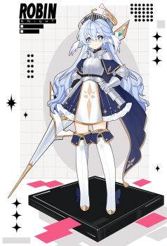 Rule 34 | 1girl, absurdres, aqua hair, armor, armored dress, blue dress, closed mouth, commentary request, dress, feathered wings, ff2074, full body, green eyes, halo, hand on own hip, head wings, highres, holding, holding polearm, holding weapon, honkai: star rail, honkai (series), knight, lance, looking at viewer, polearm, robin (honkai: star rail), shoulder armor, smile, solo, thighhighs, wavy hair, weapon, white thighhighs, wings, yellow halo