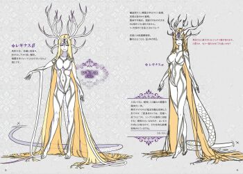 1girl black_sclera blonde_hair body_markings breasts character_profile closed_mouth colored_sclera colored_skin completely_nude crossed_ankles dungeon_ni_deai_wo_motomeru_no_wa_machigatteiru_darou_ka haimura_kiyotaka hair_spread_out highres horns large_breasts long_hair looking_at_viewer monster_girl multiple_horns multiple_views navel no_nipples no_pussy novel_illustration nude official_art parted_bangs parted_lips reference_sheet reginas_revis smile standing stomach sword_oratoria tail third-party_source third_eye variations very_long_hair white_skin