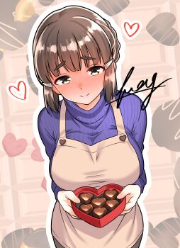 Rule 34 | 1girl, absurdres, apron, black hair, blush, breasts, brown eyes, brown hair, casual, chocolate, commentary request, furaggu (frag 0416), hair bun, hair ornament, hairclip, highres, kantai collection, long hair, looking at viewer, myoukou (kancolle), ribbed sweater, smile, solo, sweater, valentine