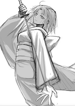 Rule 34 | 1girl, egomeshi, greyscale, highres, holding, holding sword, holding weapon, japanese clothes, kara no kyoukai, katana, kimono, looking at viewer, monochrome, ryougi shiki, short hair, simple background, sword, weapon