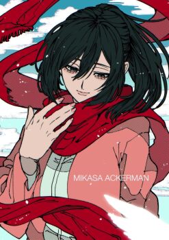 Rule 34 | 1girl, black hair, blue sky, cardigan, character name, closed mouth, cloud, cloudy sky, feathers, floating scarf, hair between eyes, high ponytail, highres, light smile, long hair, long sleeves, mikasa ackerman, misejyuk, open cardigan, open clothes, pink cardigan, ponytail, red scarf, scarf, shingeki no kyojin, shirt, sky, solo, upper body, white feathers, white shirt