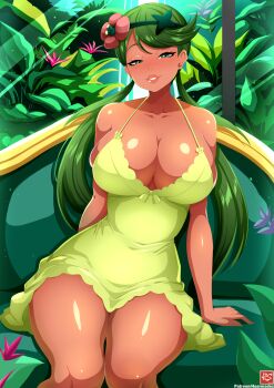 1girl absurdres bare_shoulders blush breasts cleavage dark-skinned_female dark_skin dress earrings green_eyes green_hair haarmades highres jewelry large_breasts lips looking_at_viewer mallow_(pokemon) nintendo pokemon pokemon_sm short_dress sitting sleeveless smug teeth twintails