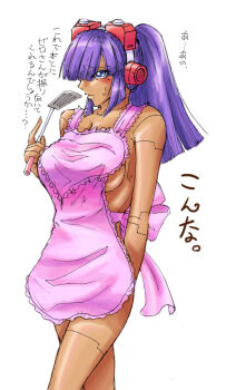 1girl android apron arm_behind_back arms_behind_back bad_id bad_pixiv_id bare_arms bare_shoulders blue_eyes blunt_bangs bow breasts capcom cleavage cowboy_shot dark-skinned_female dark_skin embarrassed frill_trim frilled_apron frills hair_over_one_eye headgear high_ponytail holding holding_spatula japanese_text joints large_breasts layer_(mega_man) long_hair mega_man_(series) mega_man_x8 mega_man_x_(series) naked_apron pink_apron ponytail robot_joints sideboob sidelocks sigra simple_background spatula standing sweatdrop texr text_focus translation_request white_background