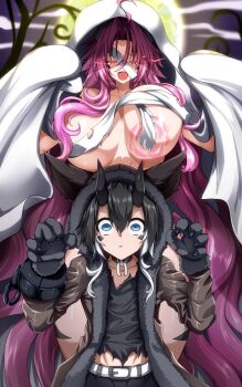 1boy 1girl absurdres bandages black_claws black_hair blue_eyes blush breasts brother_and_sister dragon_boy dragon_girl dragon_horns dragon_tail fake_claws fur_sleeves g_(genesis1556) ghost ghost_costume ghost_pose glowing glowing_eyes hair_between_eyes halloween halloween_costume height_difference highres horns imminent_rape large_breasts leia_(g_(genesis1556)) long_hair looking_at_another looking_at_viewer monster_boy monster_girl multicolored_hair naked_bandage naked_costume navel open_mouth original pink_hair red_eyes rio_(g_(genesis1556)) scared sheet_ghost siblings size_difference smile tail tall_female two-tone_hair very_long_hair wavy_hair werewolf_costume white_hair wide-eyed