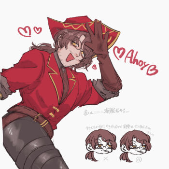 Rule 34 | 1boy, :d, absurdres, alternate costume, beard stubble, belt, black-framed eyewear, black-framed glasses, black pants, brown belt, brown gloves, brown hair, chibi, chibi inset, cigarette, closed mouth, collared jacket, contrast collar, cowboy shot, elbow gloves, expressionless, eyes visible through hair, facial hair, formal clothes, glasses, gloves, gold trim, gold weapon, gregor (project moon), hair between eyes, half-closed eyes, hand up, happy, hat, heart, highres, hook, hook hand, jacket, jitome, lapels, leather, leather pants, limbus company, long hair, long sleeves, looking at viewer, looking down, looking to the side, low ponytail, male focus, mouth hold, multiple views, notched lapels, official alternate costume, open mouth, pants, parted bangs, pirate costume, pirate hat, ponytail, project moon, red hat, red jacket, red shirt, sanpaku, semi-rimless eyewear, shirt, simple background, single glove, smile, smoke, smoking, solo, standing, stubble, twinhook pirates (identity) (project moon), under-rim eyewear, upper body, white background, yellow eyes