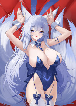 1girl absurdres animal_ears azur_lane blue_eyes blue_leotard breasts cleavage fake_animal_ears fox_ears fox_girl fox_tail garter_straps guagua_wa_dvb highres huge_breasts kitsune kyuubi leotard long_hair multiple_tails official_alternate_costume parted_lips playboy_bunny rabbit_ears shinano_(azur_lane) shinano_(visions_of_fantasy)_(azur_lane) solo strapless strapless_leotard tail thighhighs white_hair white_thighhighs wrist_cuffs