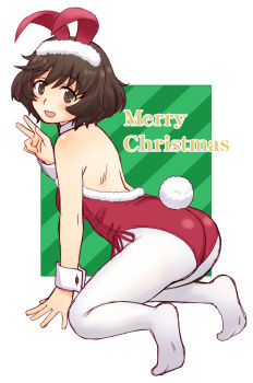 1girl akiyama_yukari animal_ears blurry brown_eyes brown_hair christmas commentary_request fake_animal_ears girls_und_panzer leotard looking_at_viewer merry_christmas open_mouth pantyhose playboy_bunny rabbit_ears red_leotard short_hair solo uona_telepin v white_pantyhose wrist_cuffs