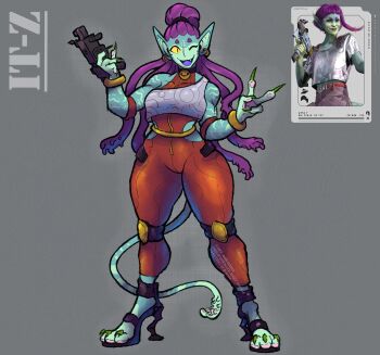 1girl :d absurdres alien artist_name bodysuit character_name claws clothing_cutout colored_sclera colored_skin commentary concord_(game) earrings english_commentary green_skin grey_background gun high_heels highres holding holding_gun holding_weapon it-z_(concord) jewelry long_hair monster_girl open_mouth orange_bodysuit pekyking purple_hair redesign reference_inset side_cutout smile standing tail v watermark weapon yellow_sclera