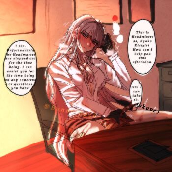 1boy 1girl black_gloves blush breasts brown_skirt commentary cunnilingus danganronpa:_trigger_happy_havoc danganronpa_(series) desk english_commentary english_text gloves grey_hair hetero highres indoors kirigiri_kyoko large_breasts long_hair naegi_makoto oral sen_usagi shirt sitting skirt speech_bubble under_table white_shirt