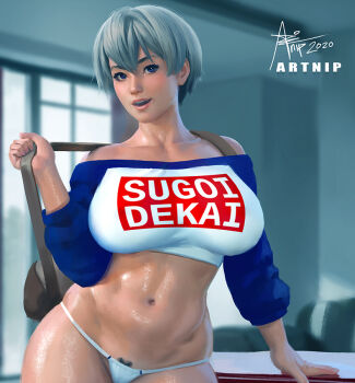 1girl adapted_costume artnip bag bare_shoulders blue_eyes breasts collarbone contrapposto cropped_sweater curvy female_pubic_hair grey_hair large_breasts lips micro_panties navel nose off-shoulder_sweater off_shoulder panties parted_lips pubic_hair pubic_hair_peek raglan_sleeves realistic romaji_text shiny_skin signature solo stomach sugoi_dekai sweat sweater underwear uzaki-chan_wa_asobitai! uzaki_hana white_panties