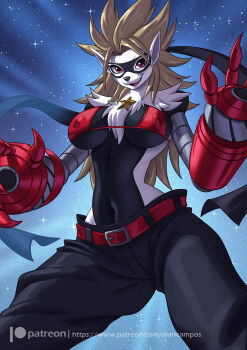 belt breasts digimon digimon_(creature) furry furry_female long_hair mask playfurry star_(symbol) wolvermon