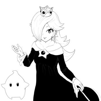1girl bare_shoulders brooch byte_(grunty-hag1) closed_mouth collarbone commentary crown dress earrings eyelashes hair_over_one_eye holding holding_wand jewelry long_hair long_sleeves looking_at_viewer luma_(mario) mario_(series) monochrome nintendo off-shoulder_dress off_shoulder rosalina sketch smile solo star_(symbol) star_brooch star_earrings wand