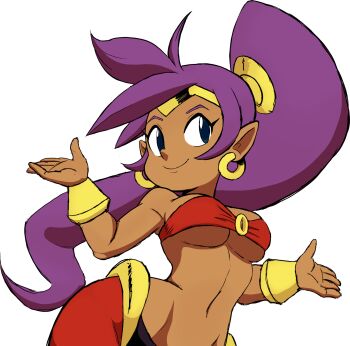 breasts cleavage cleft_of_venus dark-skinned_female dark_skin earrings gold_earrings highres hoop_earrings jewelry midriff navel pointy_ears ponytail purple_eyes purple_hair shantae shantae_(series) shrugging teevo underboob