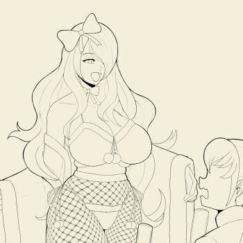 Rule 34 | 1boy, 1girl, bow, breasts, camilla (fire emblem), caprednahu, christmas, cleavage, fire emblem, fire emblem fates, fishnet thighhighs, fishnets, fur trim, hair bow, hair over one eye, highres, large breasts, lingerie, long hair, nintendo, older female and younger male, one eye covered, open mouth, santa costume, takumi (fire emblem), thighhighs, underwear, unfinished, very long hair, wavy hair