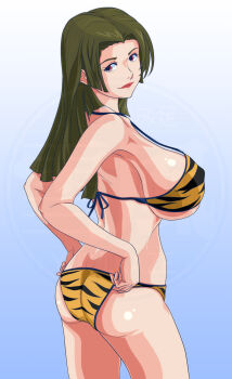 1girl animal_print bikini breasts brown_eyes forehead green_hair highres huge_breasts lips lipstick long_hair makeup manyuu_hikenchou non-web_source print_bikini swimsuit tiger_print toyo_(manyuu_hikenchou)