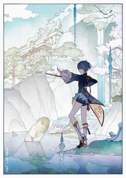 1boy apollo_hotori blue_coat blue_hair boots border coat contrapposto frilled_sleeves frills genshin_impact high_heel_boots high_heels highres holding holding_sword holding_weapon knee_boots lake long_sleeves looking_at_viewer outdoors outstretched_arm short_hair short_shorts shorts solo standing sword water waterfall weapon white_border wide_shot xingqiu_(genshin_impact)