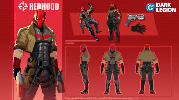 armor bat_signal batman_(series) batman_symbol black_bodysuit black_gloves bodysuit boots brown_jacket character_name character_profile concept_art dc:_dark_legion dc_comics dual_wielding from_behind full_body gloves grey_bodysuit gun handgun highres holding holding_gun holding_weapon jacket jason_todd long_sleeves male_focus mask multicolored_bodysuit multiple_views multiple_weapons muscular muscular_male official_art open_clothes pants red_hood_(dc) red_mask reference_sheet simple_background standing superhero_costume taut_bodysuit turnaround two-tone_bodysuit weapon