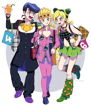 1girl 2boys anchor_symbol bag black_coat black_hair black_pants blonde_hair blue_eyes blush boots bracelet braid bright_pupils bun_with_braided_base butterfly_tattoo cleavage_cutout clothing_cutout coat cup diamond_wa_kudakenai double_bun drinking_straw earrings eyelashes food gakuran giorno_giovanna gold_bracelet green_footwear green_hair green_skirt hair_bun halterneck hand_on_another&#039;s_shoulder heart heart_cutout higashikata_josuke high_heels highres holding holding_cup holding_ice_cream_cone ice_cream ice_cream_cone jewelry jojo_no_kimyou_na_bouken knee_boots kuujou_jolyne ladybug_ornament leg_up long_sleeves multicolored_hair multiple_boys multiple_scoops no_nose no_sclera number_print open_mouth pants parfait peace_symbol pink_pants pink_shirt pompadour ponytail purple_footwear purple_hair school_uniform shirt shopping_bag short_hair single_braid skirt sleeveless smile stone_ocean stud_earrings swirl tattoo tongue tongue_out two-tone_hair undershirt uppi vento_aureo white_pupils yellow_shirt