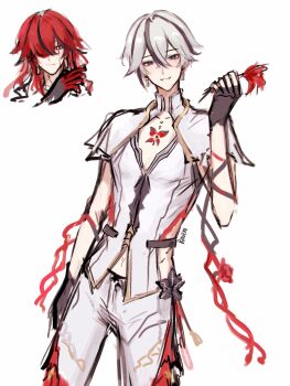 1boy black_eyes black_flower black_gloves blake_bloom_(wuthering_waves) blood bloody_tears camellya_(wuthering_waves) capelet commentary_request earrings fingerless_gloves flower genderswap genderswap_(ftm) gloves gold_earrings grey_hair hair_between_eyes hair_over_one_eye hand_up highres holding jewelry jhenny345 looking_at_viewer male_focus multiple_views pants parted_lips red_hair red_pupils shirt simple_background smile spanish_commentary tacet_mark_(wuthering_waves) white_background white_capelet white_pants white_shirt wuthering_waves