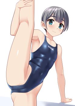 1girl absurdres black_one-piece_swimsuit blue_eyes cameltoe clothes_writing commentary_request competition_swimsuit covered_navel flat_chest grey_hair highleg highleg_one-piece_swimsuit highres kneepits one-piece_swimsuit original short_hair simple_background solo split standing standing_on_one_leg standing_split swimsuit takafumi variant_set white_background