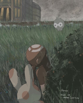 1girl absurdres bandana building bush castform castform_(normal) commentary gen_3_pokemon grass highres hoenn_route_119 long_hair looking_to_the_side may_(pokemon) nintendo outdoors pamu_(uluchanman) pokemon pokemon_(creature) pokemon_rse rain shirt short_sleeves sign spinda