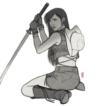 1girl bare_shoulders boots closed_mouth commentary cowboy_boots cowboy_hat crisis_core:_final_fantasy_vii crying crying_with_eyes_open earrings english_commentary final_fantasy final_fantasy_vii final_fantasy_vii_remake from_behind from_side full_body gloves greyscale hair_behind_ear hat holding holding_sword holding_weapon jen_bartel jewelry lips long_hair looking_at_viewer looking_to_the_side masamune_(ff7) monochrome official_alternate_costume sitting skirt solo sword teardrop_earrings tears tifa_lockhart tifa_lockhart_(cowgirl) unworn_hat unworn_headwear vest wariza weapon