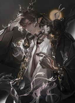 Rule 34 | 1boy, animal, animal around neck, arknights, black background, black hair, black jacket, colored extremities, dragon boy, dragon horns, dragon tail, gradient background, grey eyes, heterochromia, highres, horns, jacket, long hair, male focus, open clothes, open jacket, open shirt, shirt, solo, tail, two-tone background, upper body, wang (arknights), white background, white shirt, zhiyu502921798