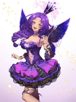 1girl black_choker black_nails blush braid breasts cha_cha_(vtuber) choker cleavage clothing_cutout collarbone crown fairy_wings fingernails fishnet_pantyhose fishnets floating_crown highres holding holding_wand indie_virtual_youtuber mole mole_on_breast navel navel_cutout oekakissaerizoh open_mouth pantyhose purple_hair purple_skirt sharp_fingernails skirt smile solo spiked_cuffs thigh_strap virtual_youtuber wand wings