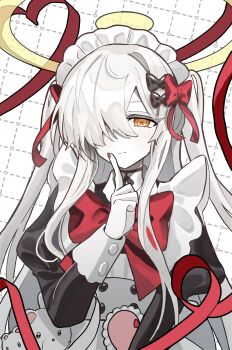 1girl absurdres alternate_costume animal_bag apron bear_bag black_bow black_dress blue_archive blush bow bowtie commentary_request dress enmaided finger_to_cheek frilled_apron frills grey_hair grid_background hair_bow heart_ribbon highres konattang long_hair long_sleeves looking_at_viewer maid maid_headdress malkuth_(blue_archive) nail_polish orange_eyes puffy_sleeves red_bow red_bowtie red_nails red_ribbon ribbon simple_background smile solo symbol-shaped_pupils twintails very_long_hair white_apron white_background x-shaped_pupils yellow_ribbon