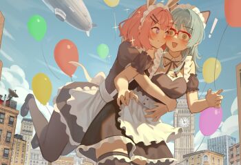 2girls aircraft airship amaori_renako animal_ears apron black_dress black_pantyhose black_thighhighs blue_hair blush breasts building cat_ears cleavage commentary_request dress elizabeth_tower fake_animal_ears fang glasses hair_ornament hairclip hug hug_from_behind koyanagi_kaho long_hair maid milktea_(gggrrr2000) multiple_girls open_mouth over-rim_eyewear pantyhose parallel_hairclips pink_hair purple_eyes rabbit_ears red-framed_eyewear semi-rimless_eyewear short_hair skin_fang speech_bubble star-shaped_pupils star_(symbol) symbol-shaped_pupils thighhighs waist_apron watashi_ga_koibito_ni_nareru_wake_naijan_murimuri! white_apron yuri zettai_ryouiki