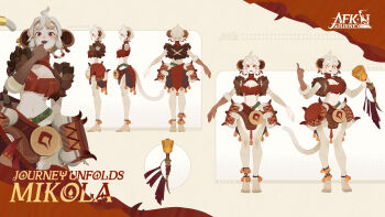 1girl :d afk_(series) afk_journey animal_ear_piercing animal_ears ankle_bell anklet barefoot bell blush bongo_drums breasts brown_gloves brown_lips character_name cleavage cleavage_cutout closed_mouth clothing_cutout commentary copyright_name crop_top drum ear_piercing elbow_gloves english_commentary facing_away freckles gloves hair_between_eyes hand_up highres holding holding_bell index_finger_raised instrument jewelry large_breasts looking_at_viewer midriff mikola_(afk) monkey_ears monkey_girl monkey_tail multiple_views official_art one_eye_closed open_mouth piercing profile red_eyes red_shirt reference_sheet shirt short_hair single_glove sleeveless sleeveless_shirt smile tail teeth turtleneck upper_teeth_only white_hair yellow_background