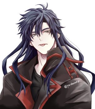 1boy antenna_hair black_coat black_order_uniform black_shirt blue_eyes blue_hair coat collared_coat d.gray-man hair_between_eyes highres kanda_yuu long_hair looking_at_viewer male_focus messy_hair military military_uniform shirt sidelocks signature simple_background solo striped_coat tongue tongue_out twitter_username vertical-striped_coat white_background yu_chocochip