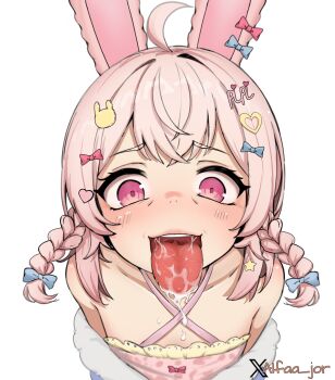 Rule 34 | 1girl, ahoge, alfa j0r, artist name, bare shoulders, blue bow, bow, braid, flat chest, hair bow, hair ornament, heart, heart hair ornament, highres, looking at viewer, open mouth, oral invitation, phase connect, pink bow, pink eyes, pink hair, pipkin pippa, portrait, rabbit ears, rabbit girl, rabbit hair ornament, saliva, saliva trail, simple background, solo, star (symbol), star hair ornament, tongue, tongue out, twin braids, twitter username, uvula, virtual youtuber, white background