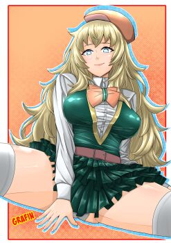 Rule 34 | 1girl, absurdres, amane yuki, aqua dress, belt, belt buckle, beret, between legs, blue eyes, blush, breasts, brown hair, buckle, chest bow, collared shirt, dress, dress vest, groin tendon, hand between own legs, hat, highres, large breasts, long hair, long sleeves, maygamenyan, panties, pink belt, red hat, science adventure, shirt, simple background, sitting, smile, solo, spread legs, square pupils, steins;gate, steins;gate 0, thighhighs, underwear, very long hair, white panties, white thighhighs