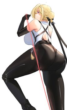 1girl absurdres ass ass_focus bare_shoulders blonde_hair blue_eyes breasts elbow_gloves evelyn_chevalier from_behind from_below gloves hair_bun hair_ribbon high_heels highres huge_ass large_breasts looking_at_viewer looking_back looking_down pants rhaz_erohd ribbon short_hair_with_long_locks sideboob solo wire zenless_zone_zero