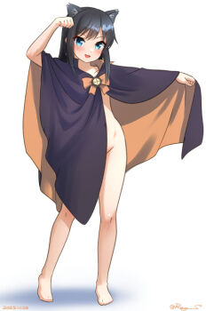 1girl :3 :d animal_ears asashio_(halloween)_(kancolle) asashio_(kancolle) barefoot black_hair blue_eyes blush cat_ears cloak collarbone commentary_request dated feet full_body hair_between_eyes hand_on_own_hip hand_up kantai_collection legs long_hair looking_at_viewer naked_cloak open_mouth orange_cloak outstretched_arm paw_pose purple_cloak ray.s shadow sidelocks signature simple_background smile solo standing thighs two-sided_cloak two-sided_fabric white_background