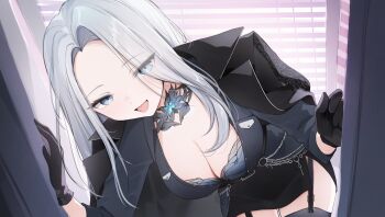 1girl absurdres black_coat black_gloves black_jacket black_skirt blue_bra bra breasts cleavage coat coat_on_shoulders commission curtains doorway eyes_visible_through_hair garter_straps gloves highres indie_virtual_youtuber jacket large_breasts looking_at_viewer monarch_(amalee) monarch_(mafia)_(amalee) nyashira open_mouth pov_doorway skirt underwear virtual_youtuber white_hair