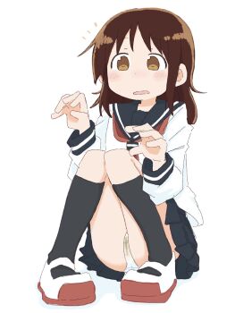 1girl black_socks blue_sailor_collar blue_skirt brown_eyes brown_hair female_focus flat_chest full_body hands_up kneehighs knees_together_feet_apart knees_up long_sleeves looking_afar matching_hair/eyes medium_hair miniskirt neckerchief notice_lines open_mouth original panties pee peeing peeing_self pigeon-toed pleated_skirt ponnu_(tnpn2yw) red_neckerchief red_shoes sailor_collar school_uniform serafuku shirt shoes sidelocks simple_background sitting skirt socks solo underwear wet wet_clothes wet_panties white_background white_panties white_shirt