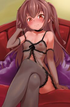 1girl absurdres arm_at_side babydoll babydoll_pull bare_shoulders black_babydoll black_choker black_thighhighs blush breasts brown_hair choker closed_mouth clothes_pull collarbone couch covered_erect_nipples crossed_legs dark-skinned_female dark_skin elbow_gloves feet_out_of_frame from_below gloves hair_between_eyes hand_up highres indoors lace lace-trimmed_babydoll lace-trimmed_thighhighs lace_trim loli long_hair looking_at_viewer lsizessize on_couch original pulling_own_clothes red_eyes seductive_smile see-through_babydoll see-through_clothes see-through_gloves sidelocks sitting small_breasts smile smug solo thighhighs thighs two_side_up v-shaped_eyebrows