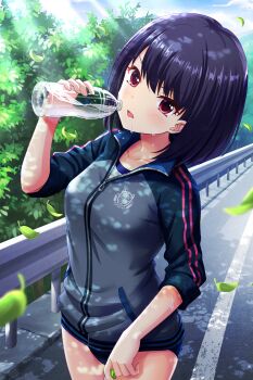 1girl absurdres alternative_girls black_hair black_sweater blue_buruma bottle buruma day highres holding holding_bottle leaf looking_at_viewer medium_hair official_art onitsuka_chiho open_mouth outdoors red_eyes solo sweater water_bottle
