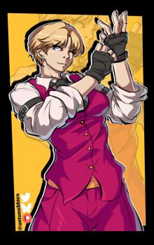 1girl antonubbies blonde_hair blue_eyes female_focus formal_clothes gloves king_(snk) pale_skin pants shirt short_hair standing suit the_king_of_fighters thick_thighs thighs tuxedo white_shirt