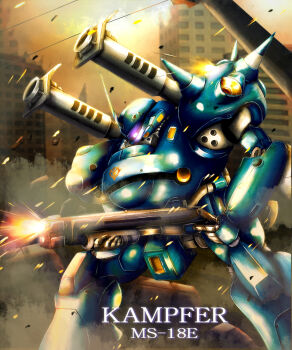 antennae building character_name city debris dust firing glowing glowing_eye gun gundam gundam_0080 highres holding holding_gun holding_weapon holstered joints kampfer_(mobile_suit) kitajima_kitarou mecha mobile_suit no_pupils one-eyed outdoors pink_eyes power_lines robot robot_joints rocket_launcher science_fiction shotgun shoulder_spikes sky sparks spikes sun weapon zeon