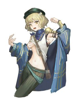 1girl armor bag bare_shoulders black_hat black_pants blonde_hair blue_coat blue_neckerchief breasts brown_bag brume_(reverse:1999) chinese_commentary clothes_lift coat commentary_request cropped_legs disembodied_hand grabbing_another's_breast grabbing_from_behind groping hair_between_eyes hands_up hat highres jewelry navel neckerchief necklace newsboy_cap nipples off_shoulder open_clothes open_coat open_mouth pants reverse:1999 shirt shirt_lift short_hair shoulder_armor shoulder_bag sidelocks simple_background single_vambrace sleeveless sleeveless_shirt small_breasts solo standing stomach vambraces white_background white_shirt xiao-k yellow_eyes