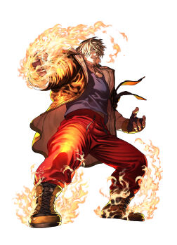 1boy absurdres azuma_kyoutarou_(artist) black_shirt boots brown_boots brown_coat brown_gloves clenched_hand coat fatal_fury fatal_fury:_city_of_the_wolves fingerless_gloves fire gloves highres ken_masters official_art pants red_pants shirt short_hair solo street_fighter street_fighter_6