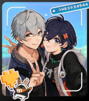 1boy 1girl arm_over_shoulder artist_name bangboo_(zenless_zone_zero) belle_(zenless_zone_zero) black_shirt blue_eyes blue_hair blue_jacket blush brother_and_sister crossed_bangs earrings eous_(zenless_zone_zero) green_eyes grey_hair heart highres jacket jewelry looking_at_viewer nervous_smile nrso24944 selfie shirt siblings simple_background sleeveless sleeveless_jacket smile turtleneck twitter_username v viewfinder wise_(zenless_zone_zero) zenless_zone_zero